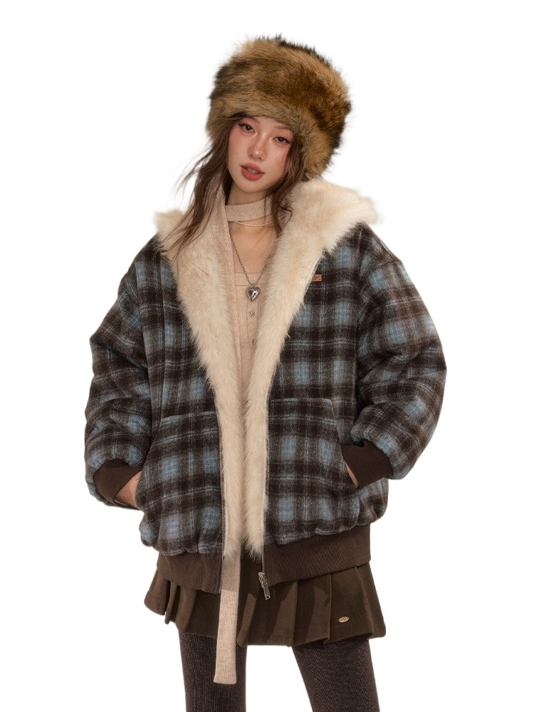 Reversible Plaid Faux Fur Coat