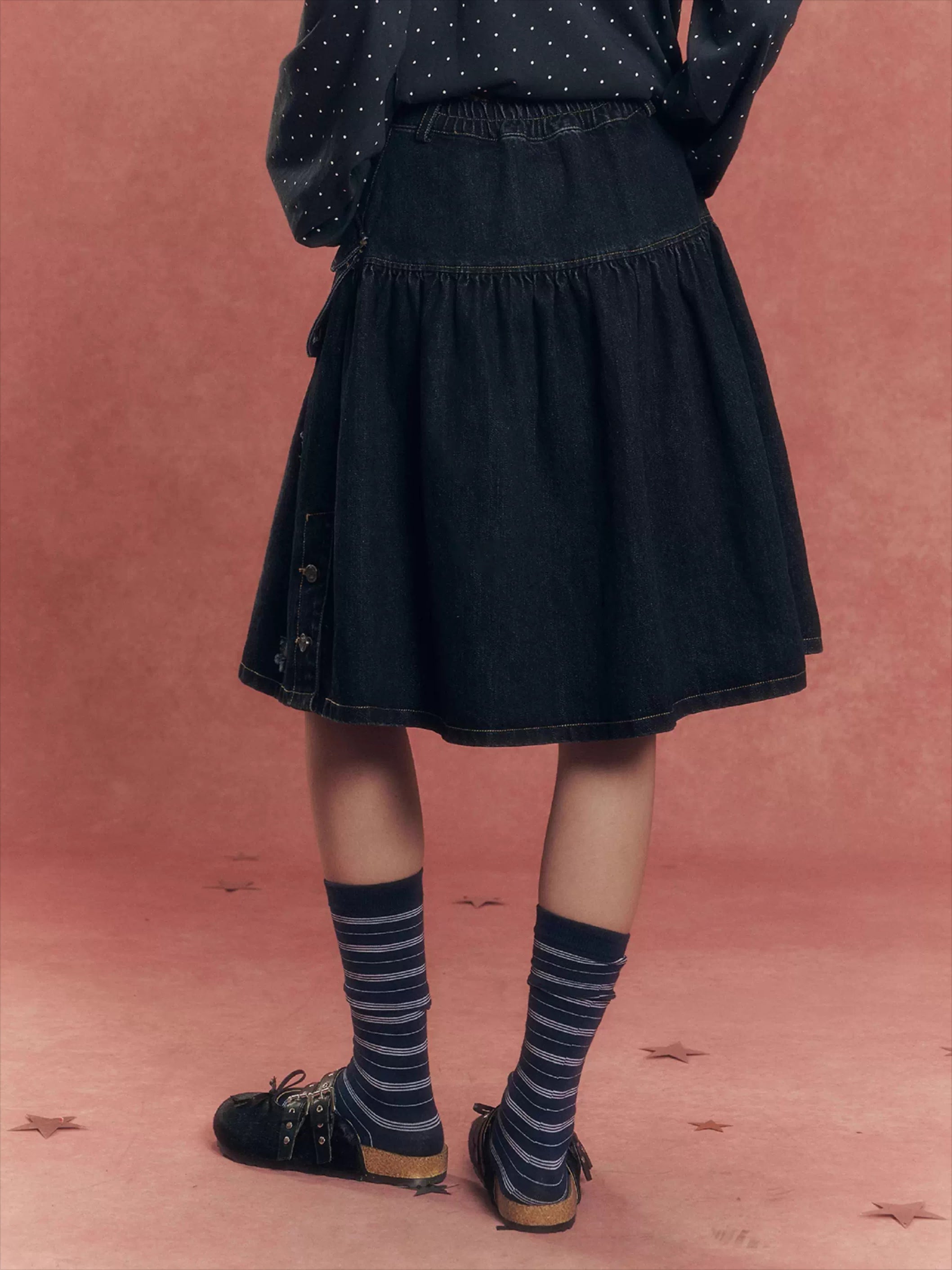 Vintage Washed Denim Utility Midi Skirt