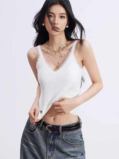 Lace-Trim V-Neck Knit Vest