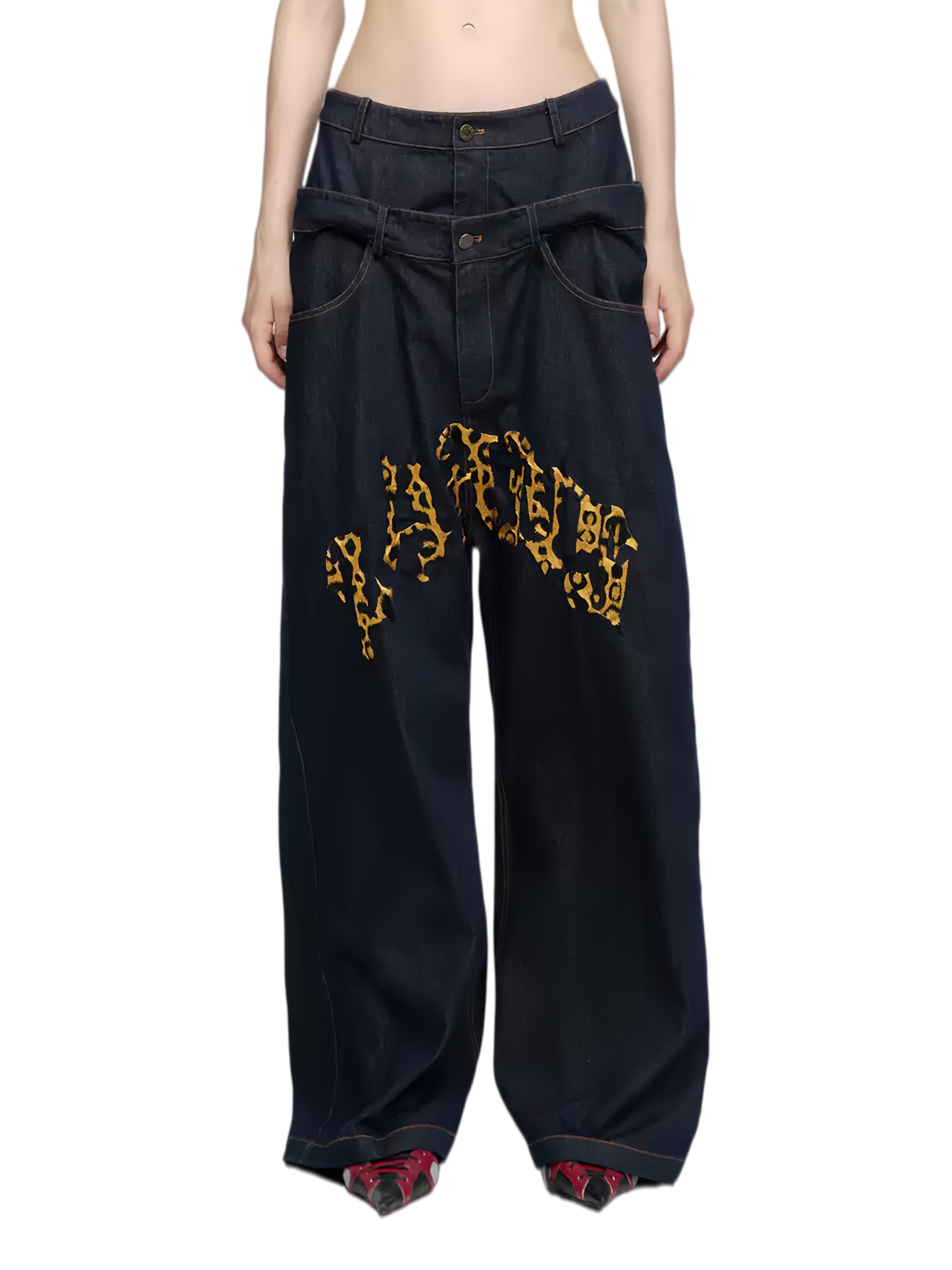 Dual-Waist Embroidered Relaxed-Fit Denim Jeans