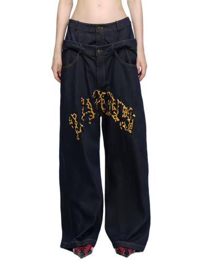 Dual-Waist Embroidered Relaxed-Fit Denim Jeans