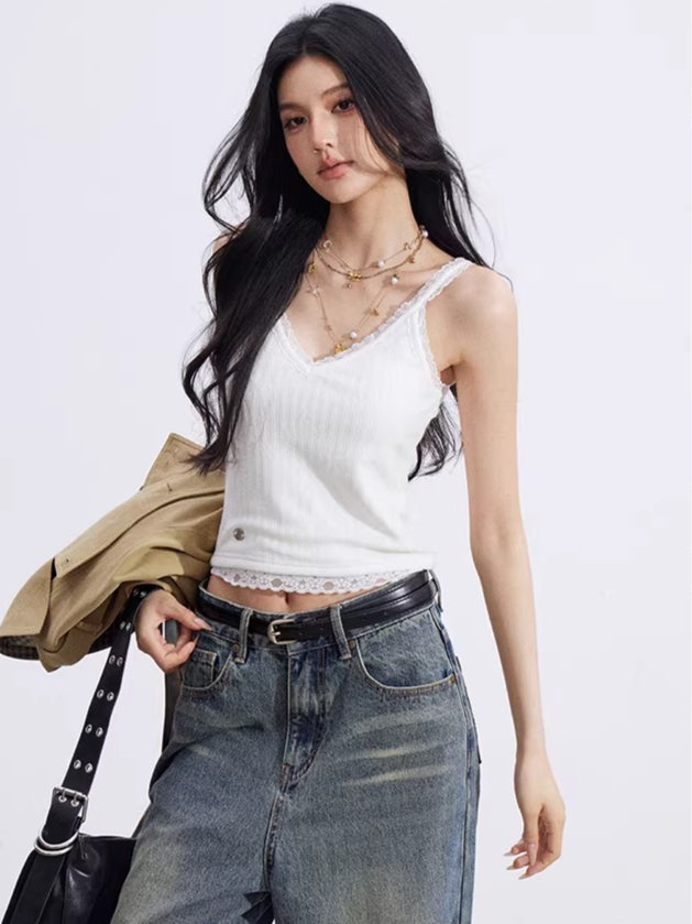 Lace-Trim V-Neck Knit Vest