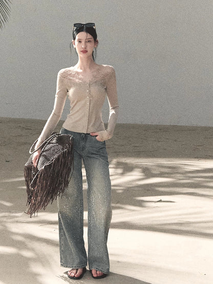 Sculpted Lace-Trim V-Neck Fitted Knit Cardigan