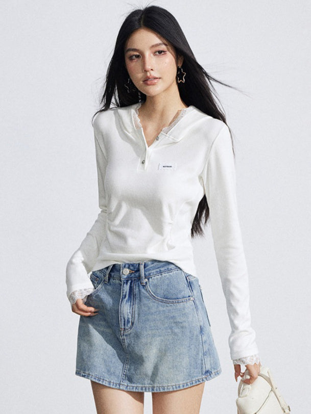 Lace Hooded Slim-Fit Long Sleeve T-Shirt