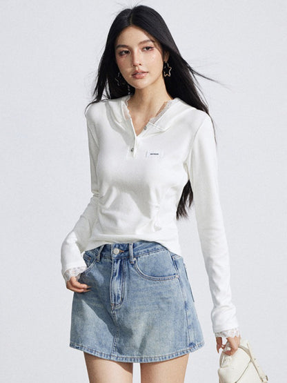 Lace Hooded Slim-Fit Long Sleeve T-Shirt
