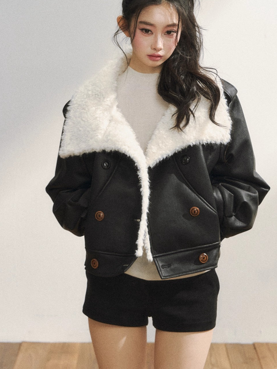 Black Faux Shearling Double-Breasted Leather Jacket