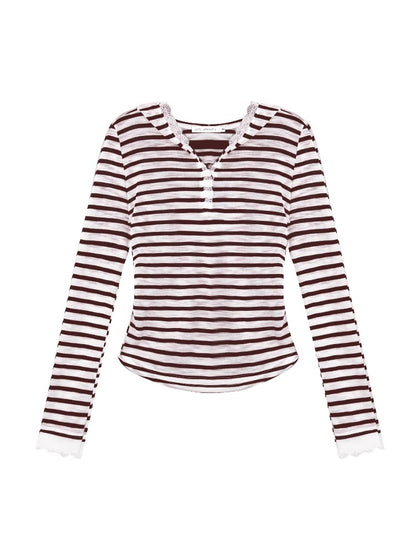 Striped Color-block Lace Spliced T-Shirt - CHINASQUAD