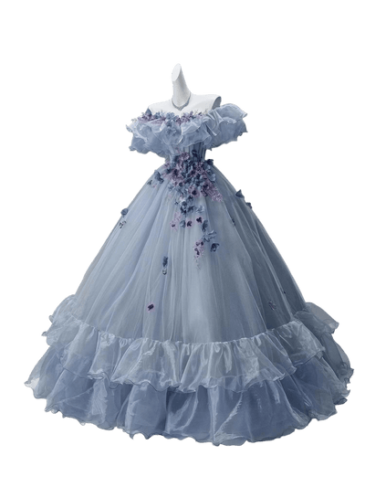 Off-Shoulder Floral Appliqué Tulle Couture Gown