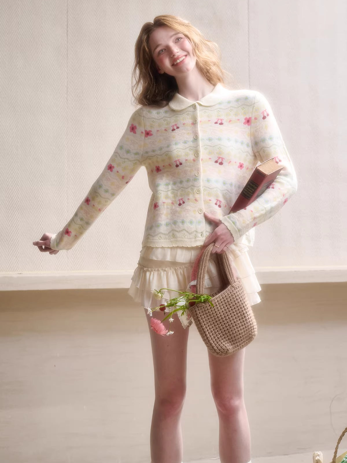 Jacquard Doll-Collar Knit Cardigan