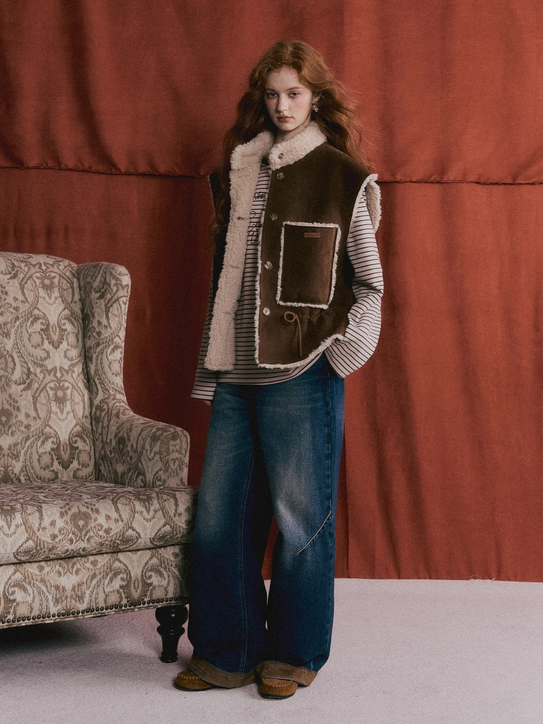 Reversible Faux Shearling Suede Drawstring Vest