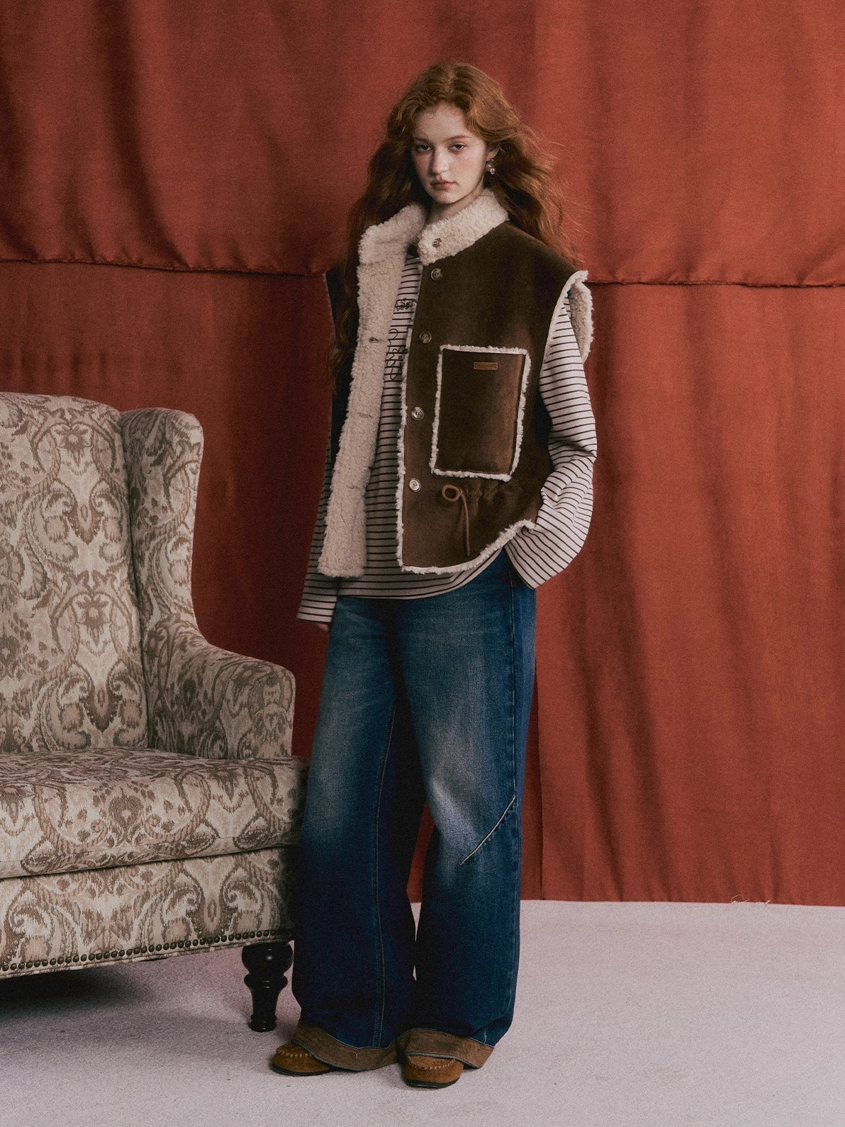 Reversible Faux Shearling Suede Drawstring Vest