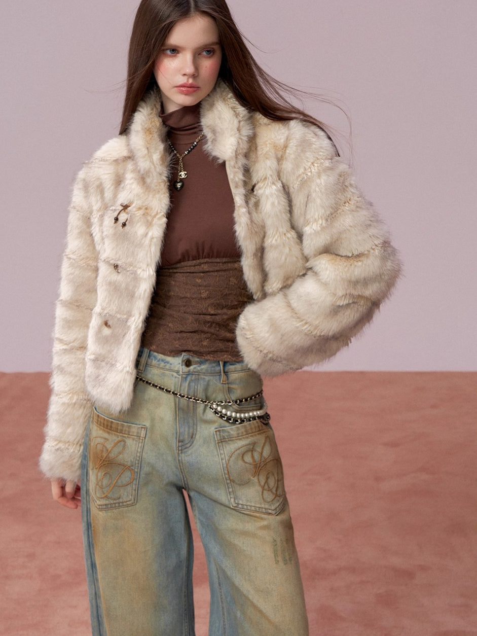 Double-Breasted Faux-Fur Short Jacket