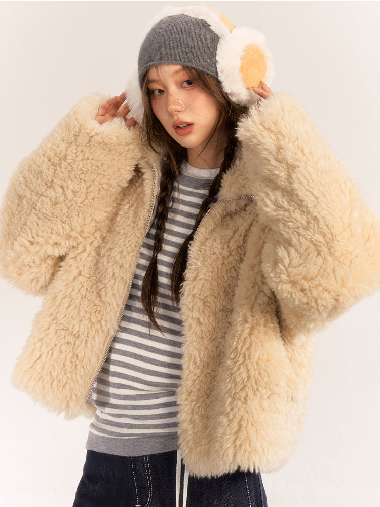 Beige Casual Loose-Fit Warm Jacket