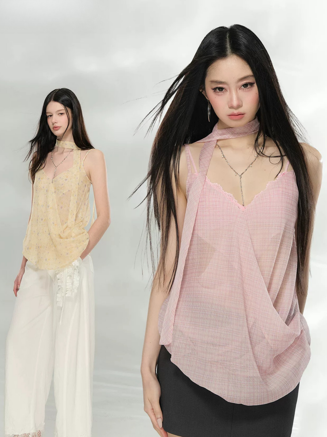 Asymmetric Ribbon Tie Sheer V-Neck Camisole