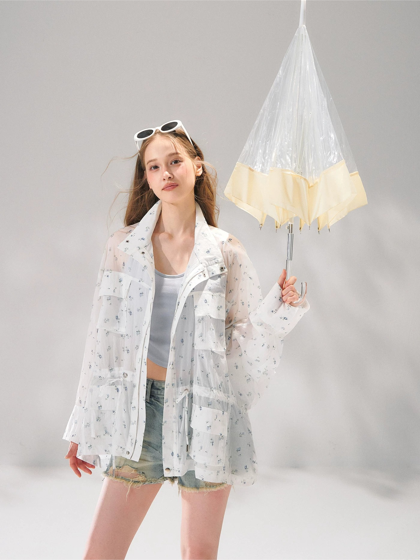 Floral Sheer Batwing Sleeve Utility Jacket