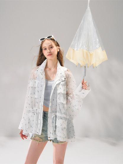 Floral Sheer Batwing Sleeve Utility Jacket