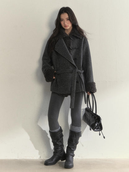 Deep Grey &amp; Brown Wool Blend Fleece-Collar Coat