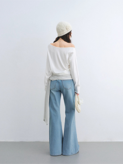 Asymmetric Batwing Sleeve Striped Tie-Hem Long Sleeve Top