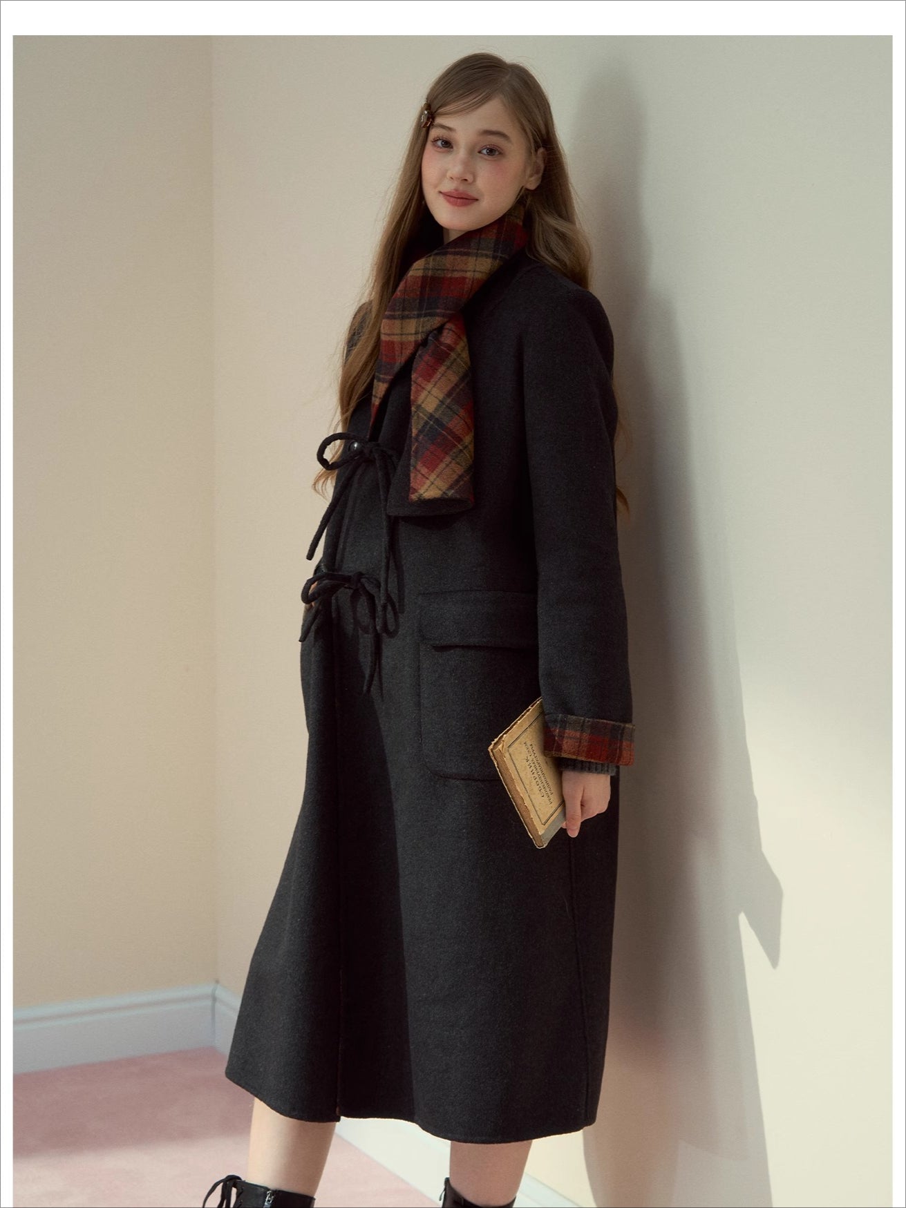 Check Wool-Blend Coat with Scarf