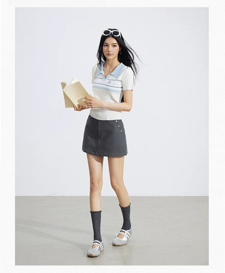 Striped Contrast Collar Ice Silk Polo Top