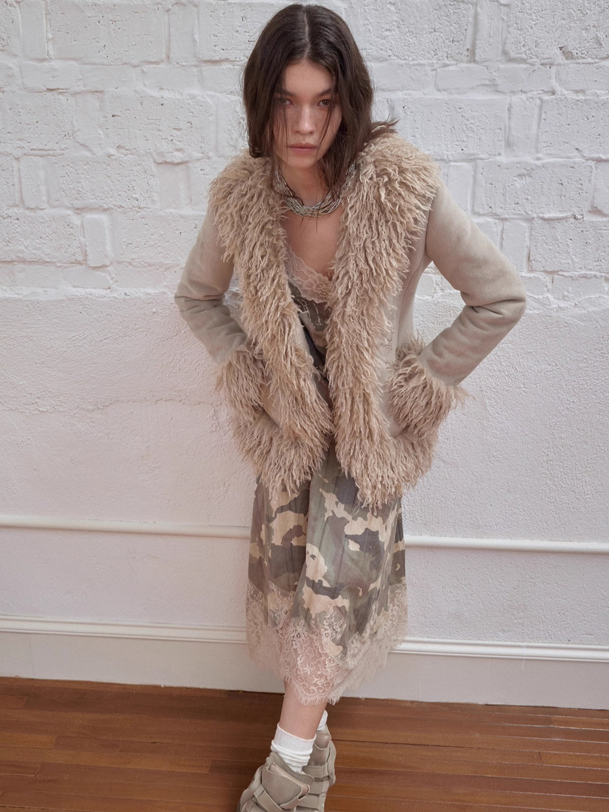 Suede Shearling Embroidered Panel Jacket