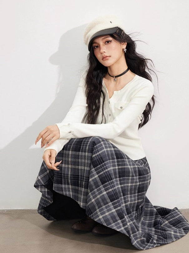 Asymmetrical Wool Plaid Midi Skirt