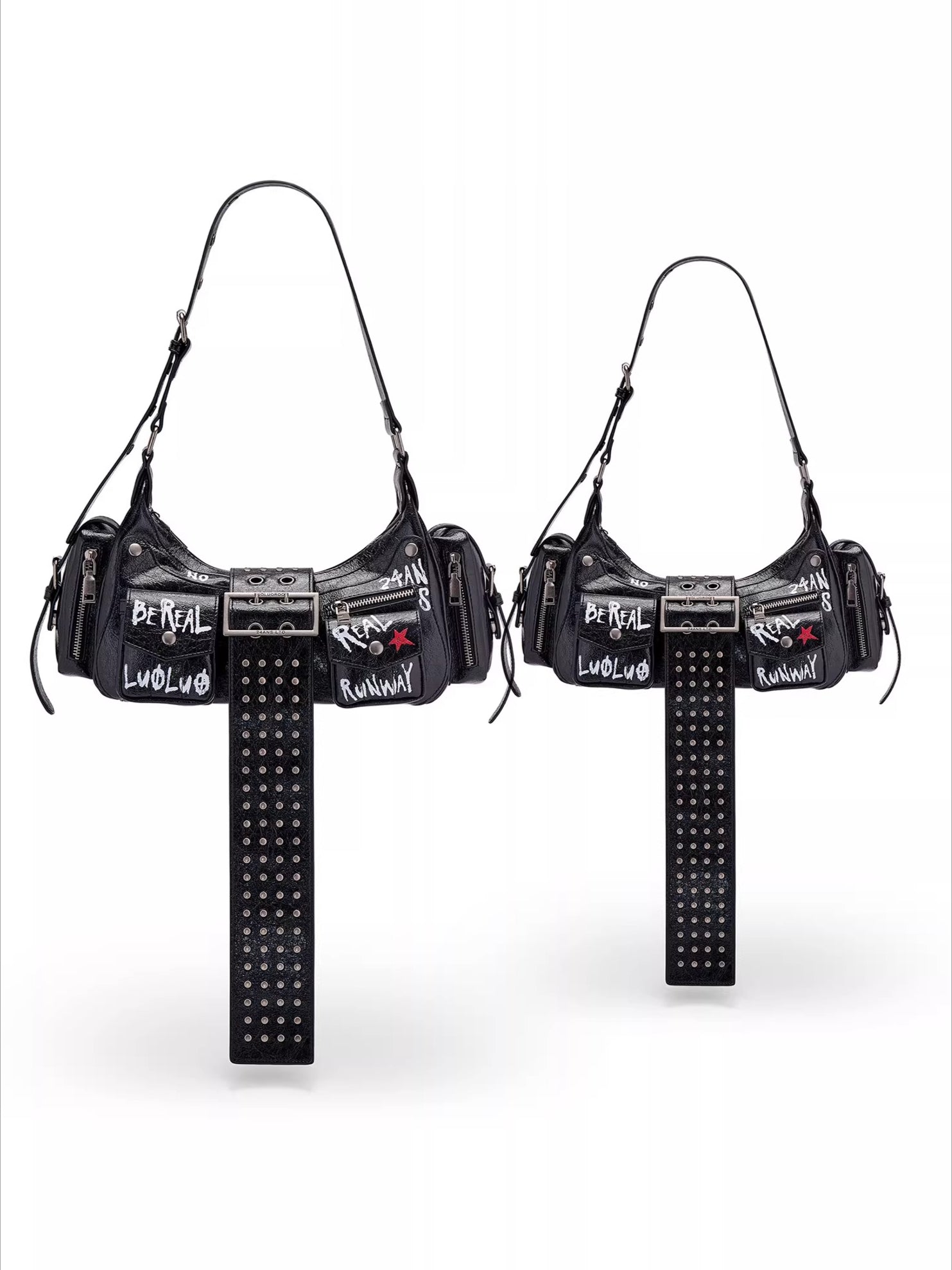 Graffiti-Print PU Cracked-Leather Bag