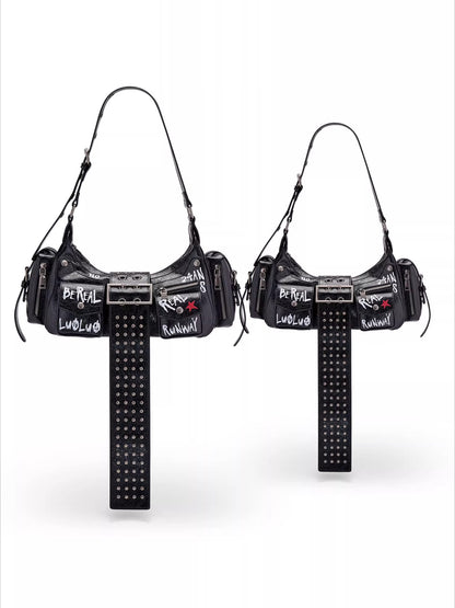 Graffiti-Print PU Cracked-Leather Bag