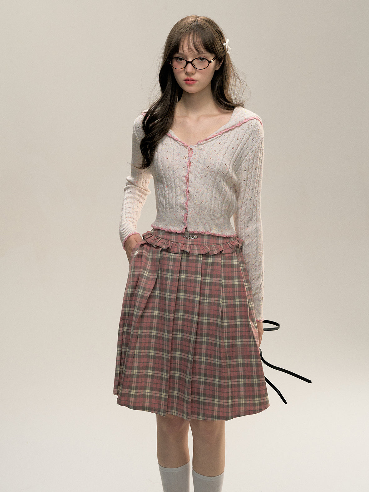 Plaid Pink Lace Pleated Skirt