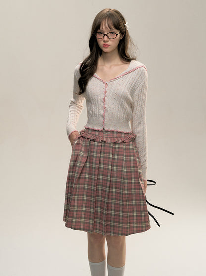 Plaid Pink Lace Pleated Skirt