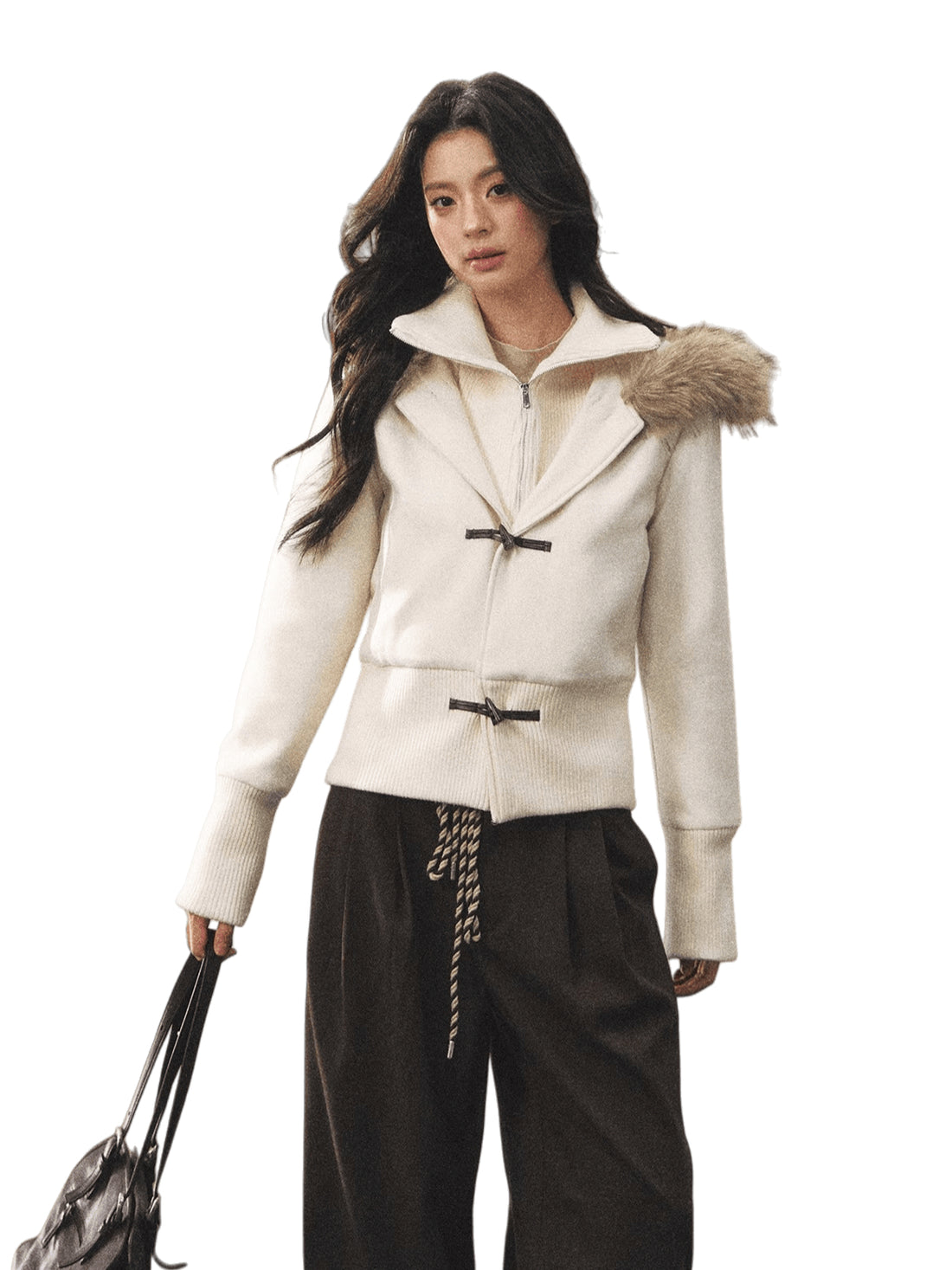 Fur Collar Faux-Layered Wool-Blend Jacket