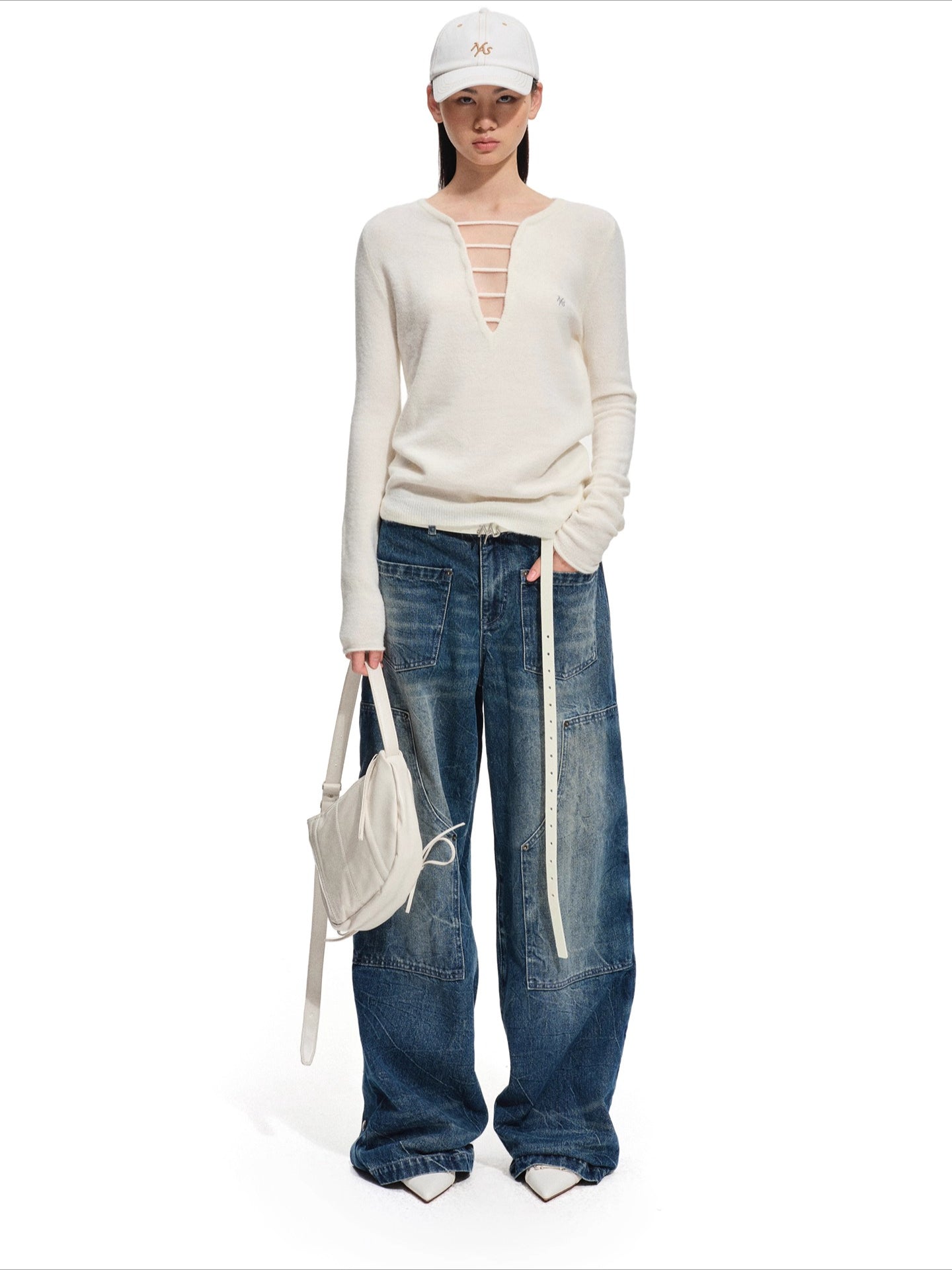 Wool Deep-V Textured Knit Sweater