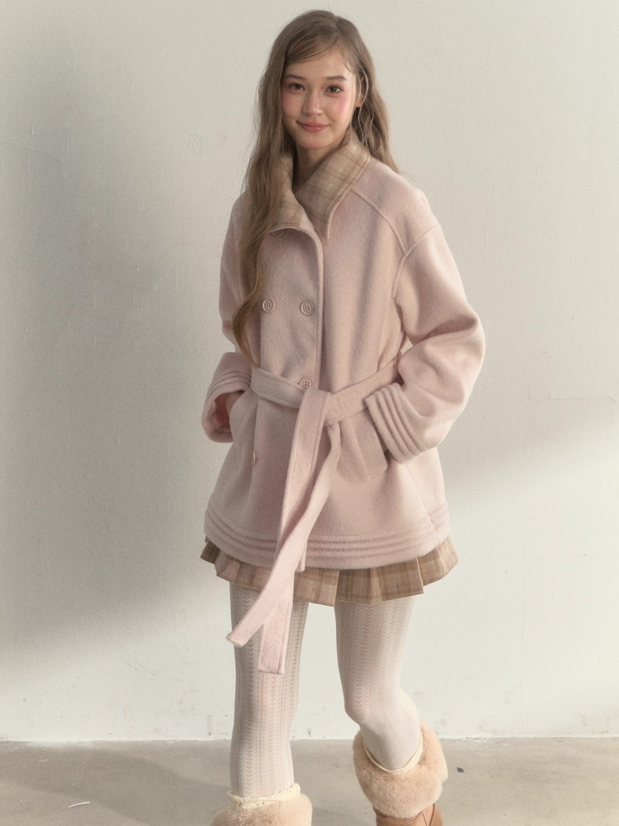 Khaki &amp; Misty Pink Plaid Collar &amp; Belt  Wool Coat