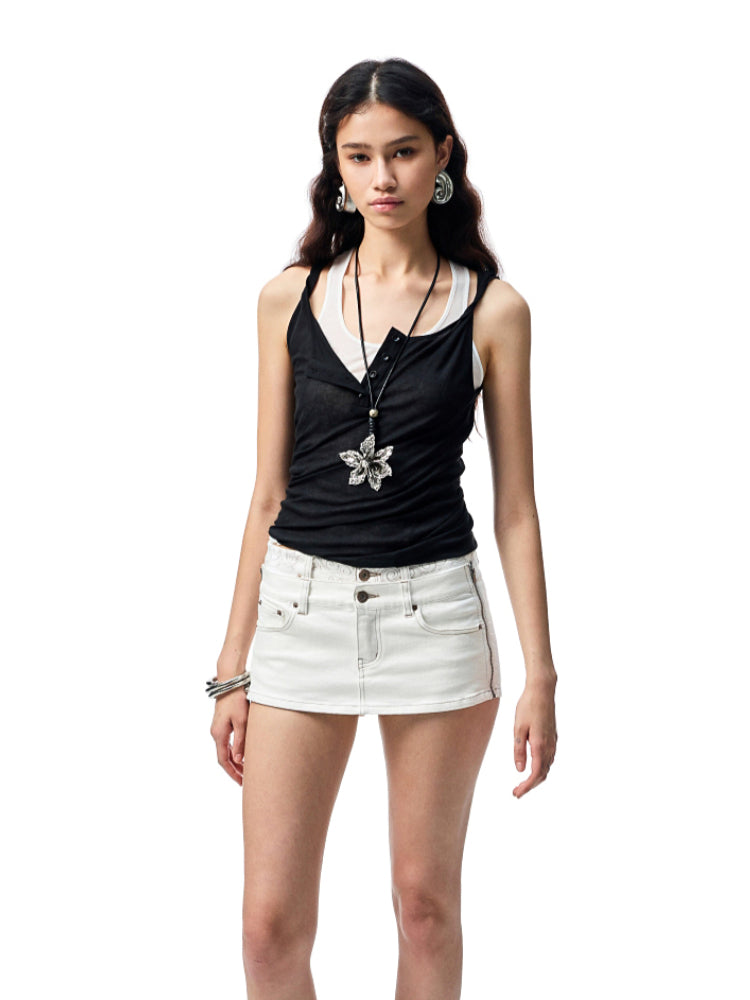 Double Waistband Reversible Denim Mini Skirt
