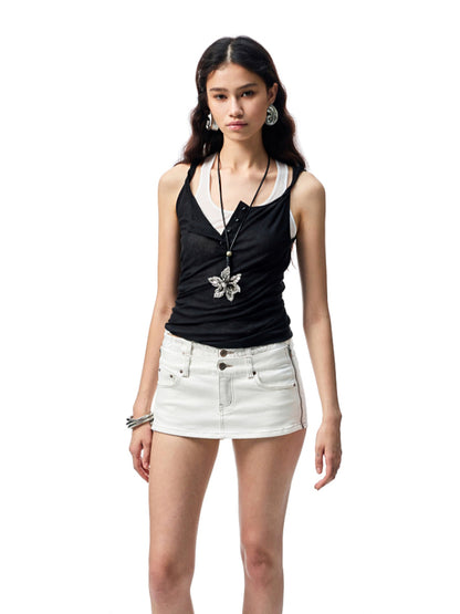 Double Waistband Reversible Denim Mini Skirt