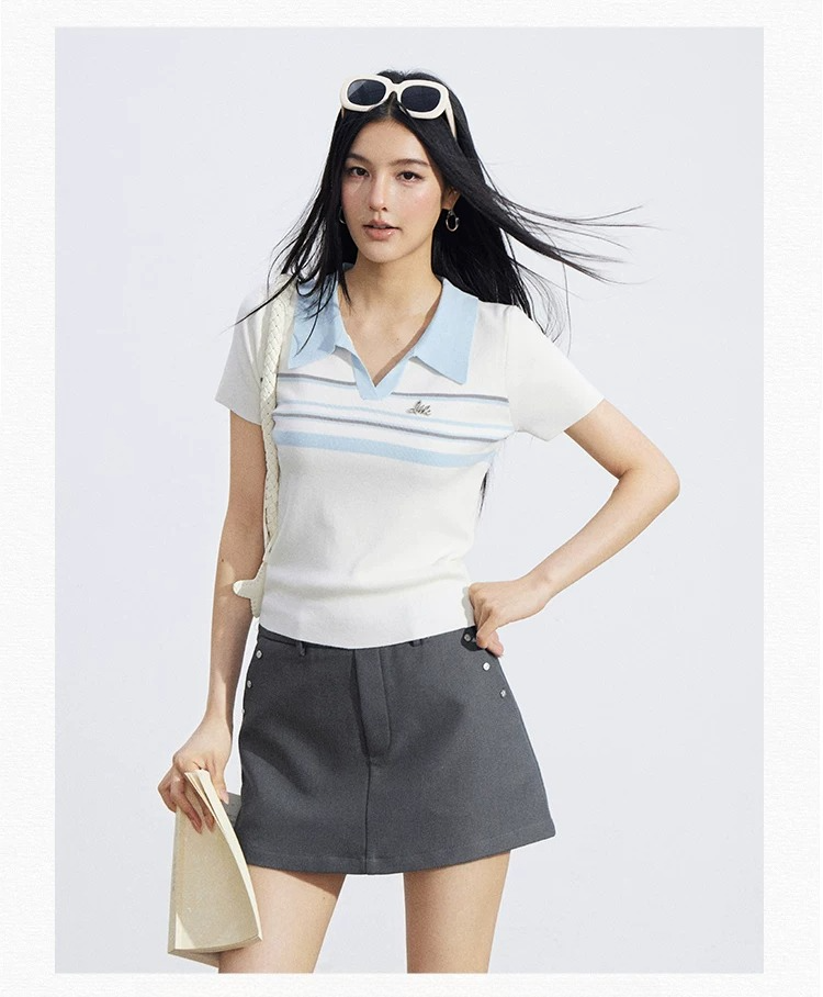 Striped Contrast Collar Ice Silk Polo Top