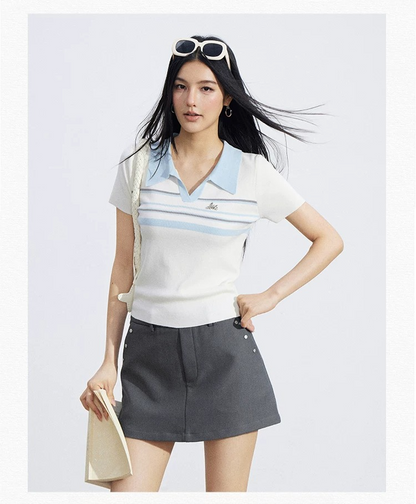 Striped Contrast Collar Ice Silk Polo Top