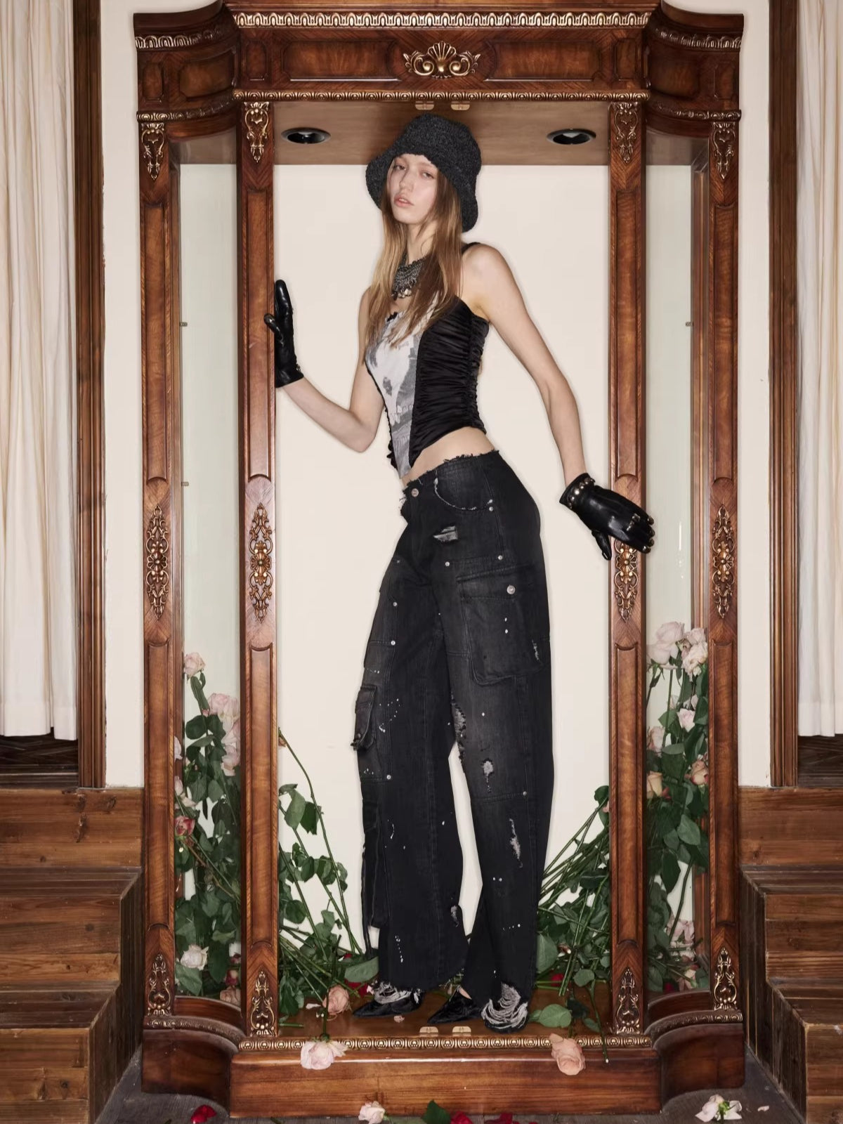 Vintage Multi-Pocket Washed Denim Cargo Pants