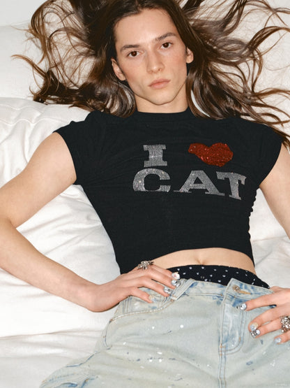 &quot;I ♥ CAT&quot; Rhinestone Fitted T-shirt