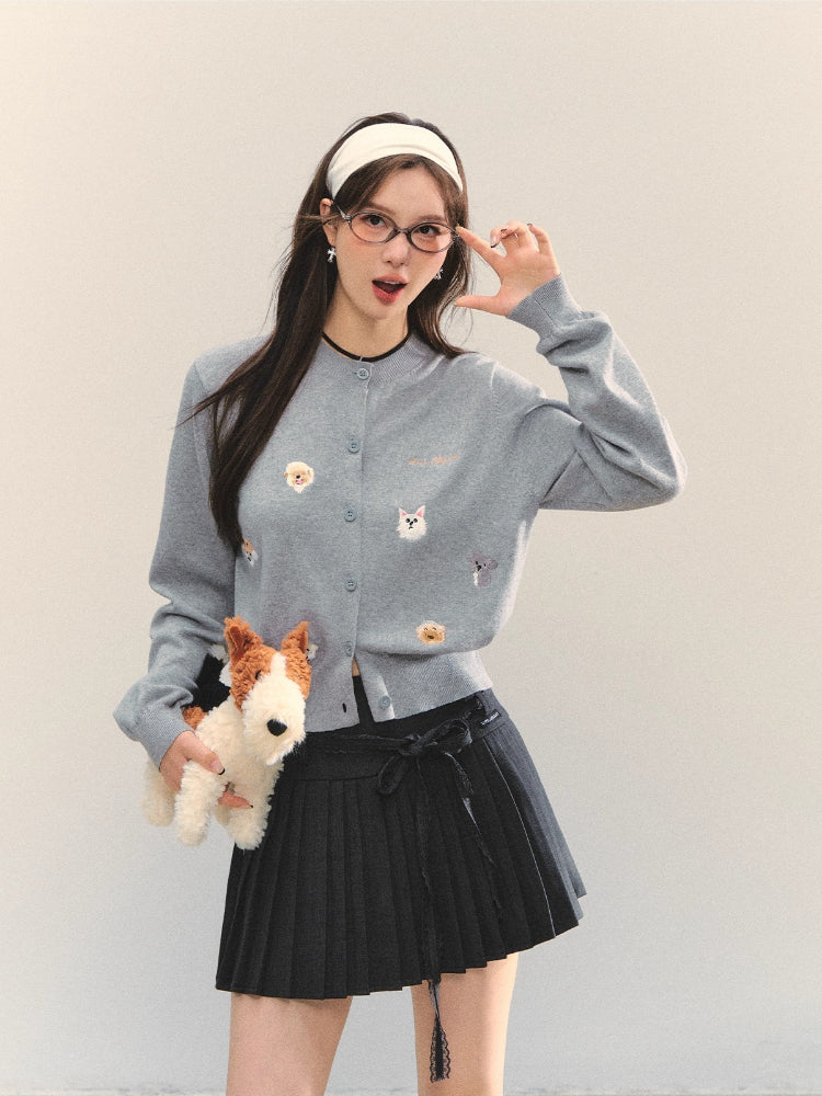 Dog Embroidery Crew Neck Knit Cardigan