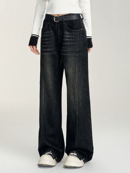 Heart-Patterned Fleece-Lined Wide-Leg Denim Pants