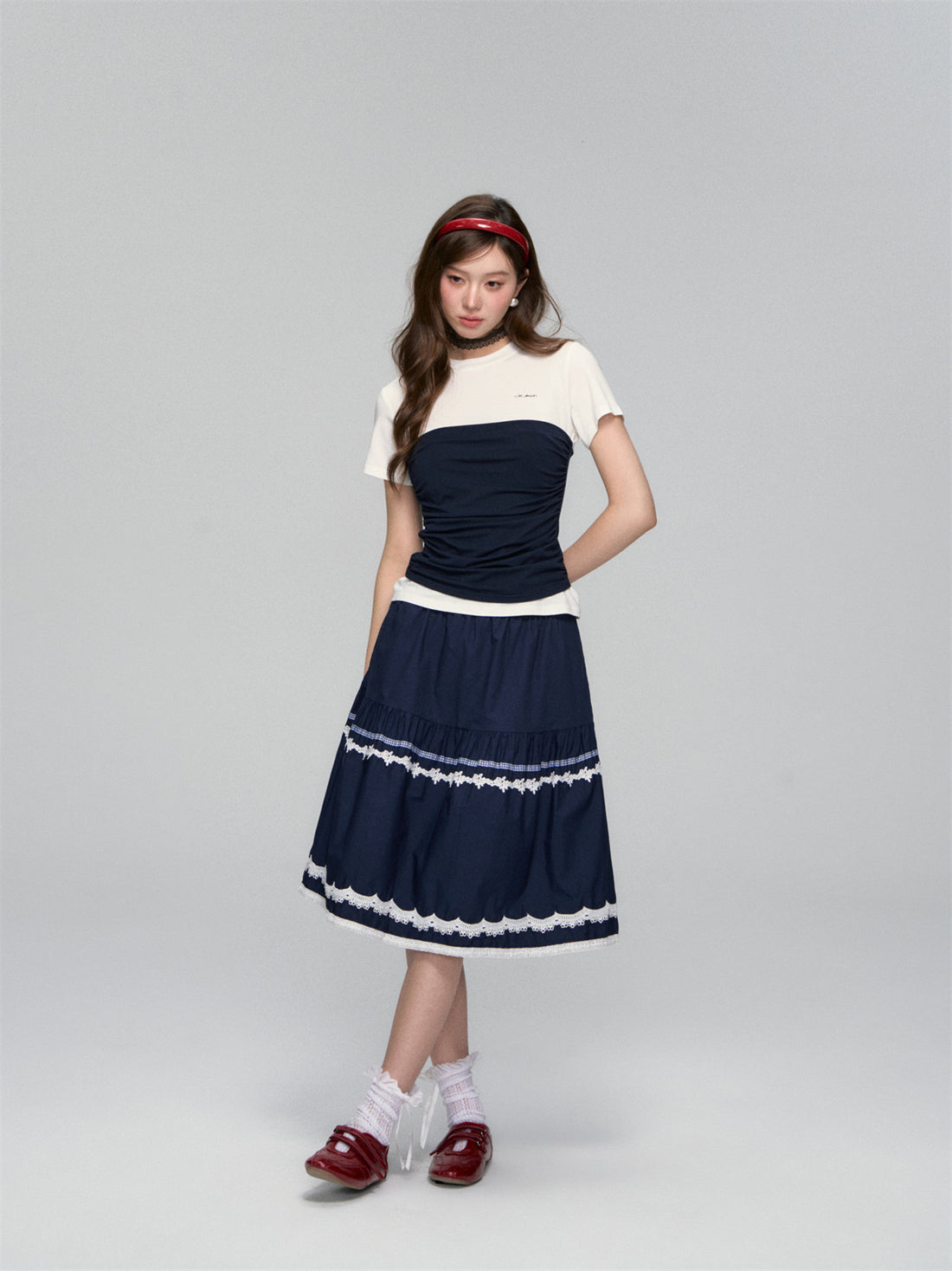 Lace-Trim A-line Midi Skirt