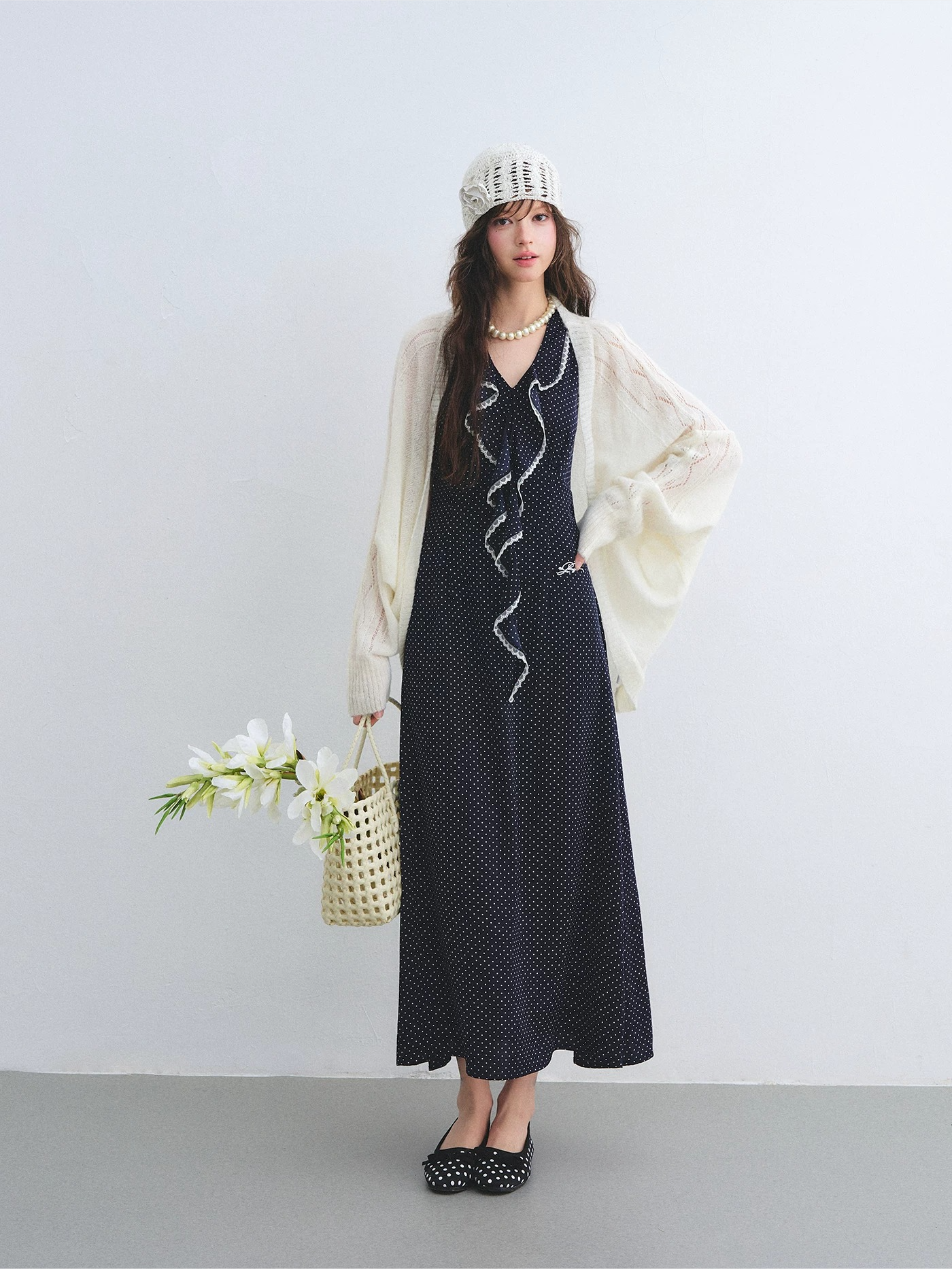 Navy Polka Dot Lace Ruffle V-Neck Sleeveless Midi Dress
