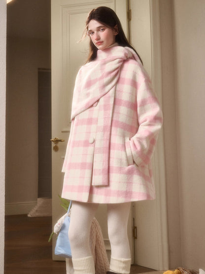 Baby Pink Raspberry Check Wool-Like Cape Coat