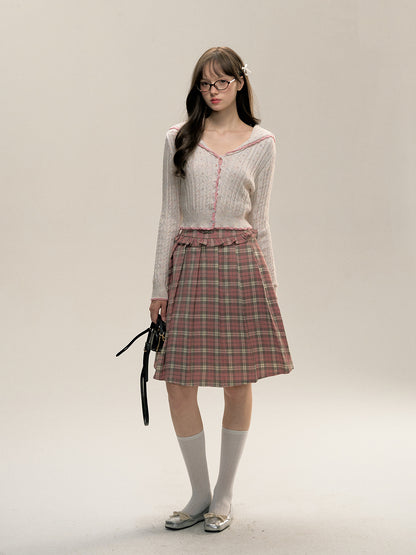 Plaid Pink Lace Pleated Skirt