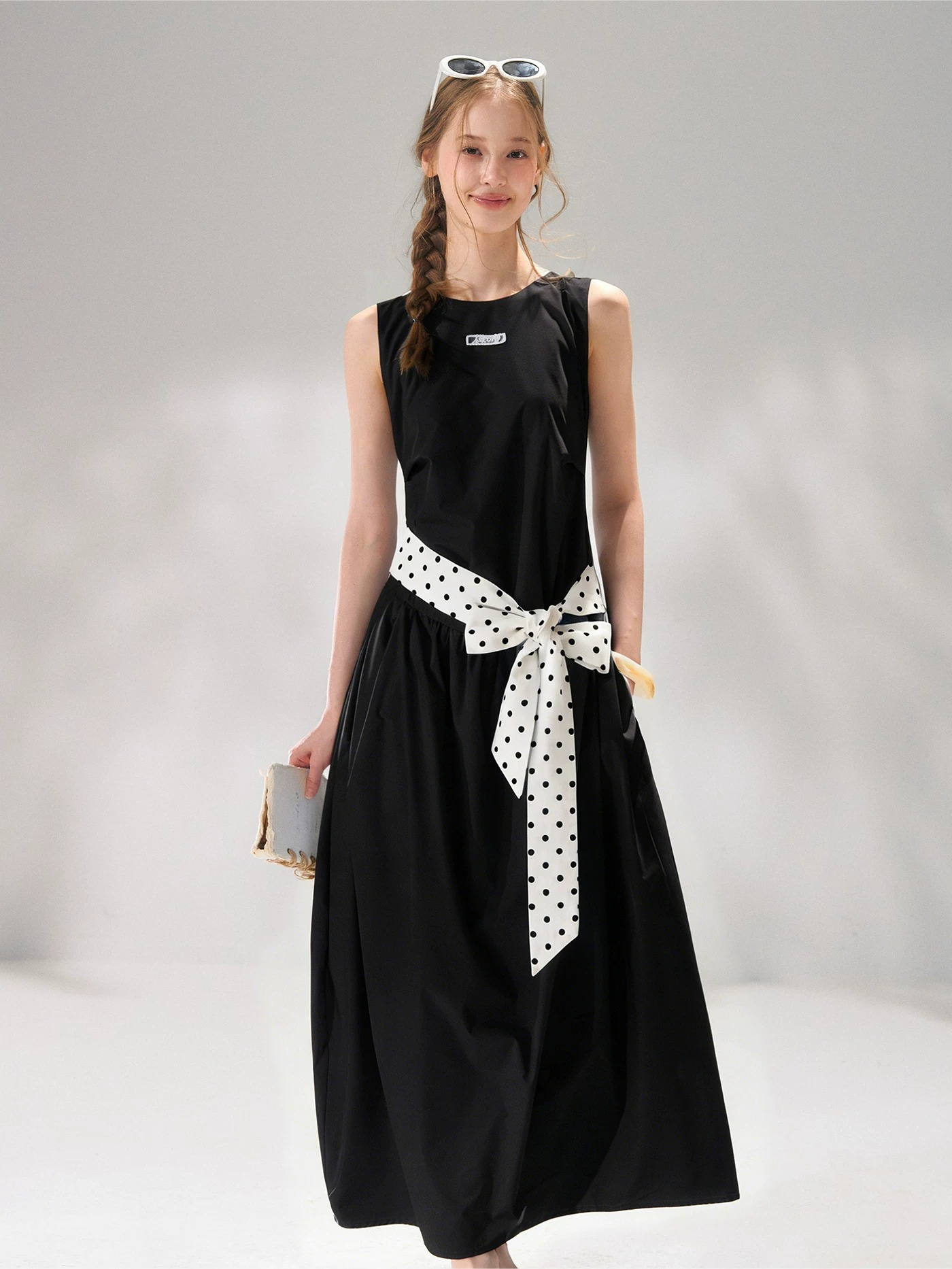 Polka-Dot Tie-Waist Sleeveless Midi Dress