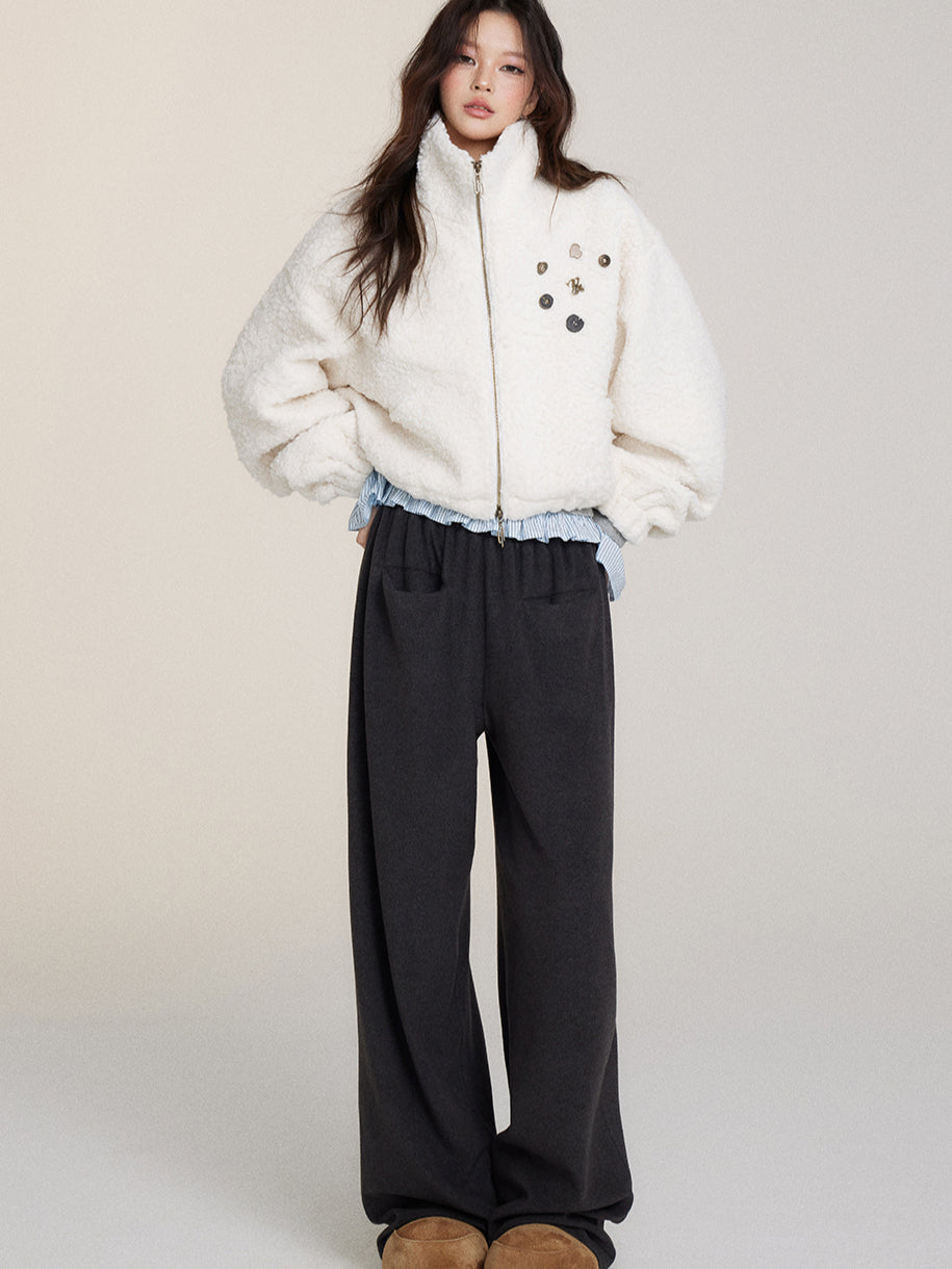 Fuzzy Big Pocket Straight-Leg Casual Pants