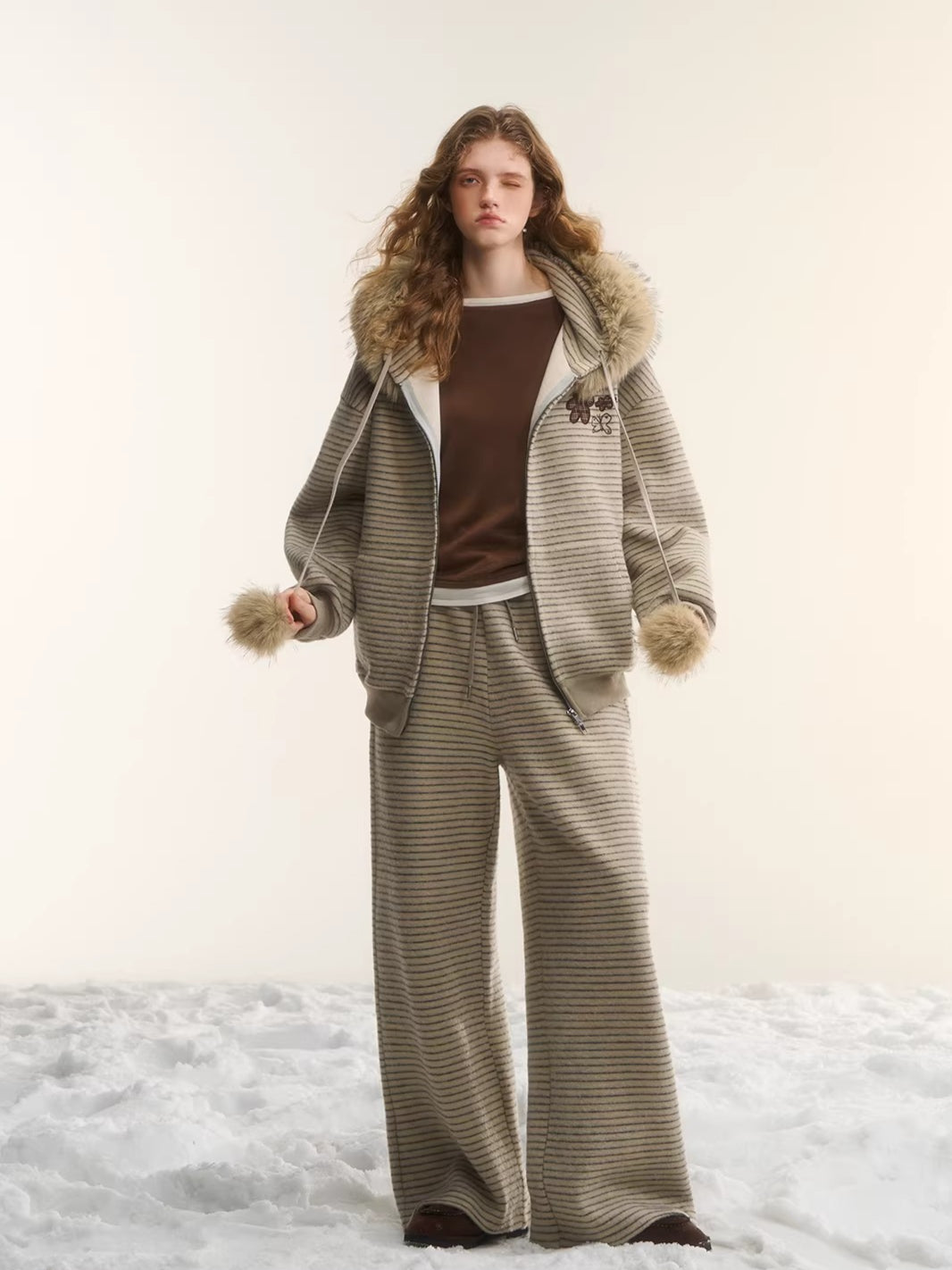 Plush Plaid Patchwork Jacket &amp; Straight-Leg Pants Set