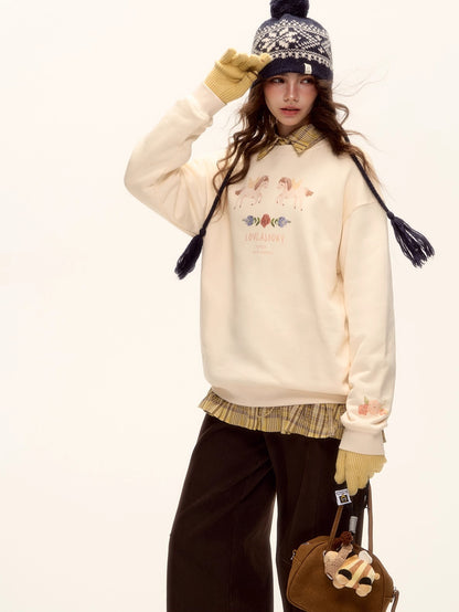 Floral Pony Print Fleece-Lined Pullover Sweatshirt