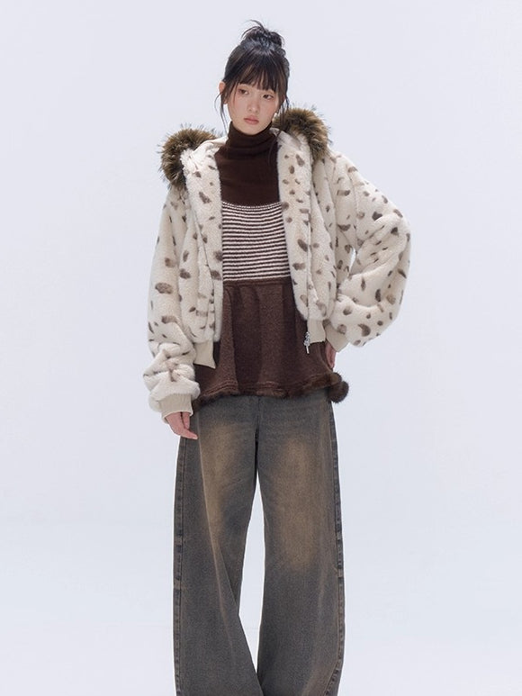 Faux Fur Hooded Zip-Up Cropped Jacket